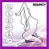 Abstract line art features a person kneeling with a Bouncy Bliss Seat Vibrator with 10 Vibration Modes. On the left, six circles illustrate diverse poses involving two people and an object against light purple waves in the background.